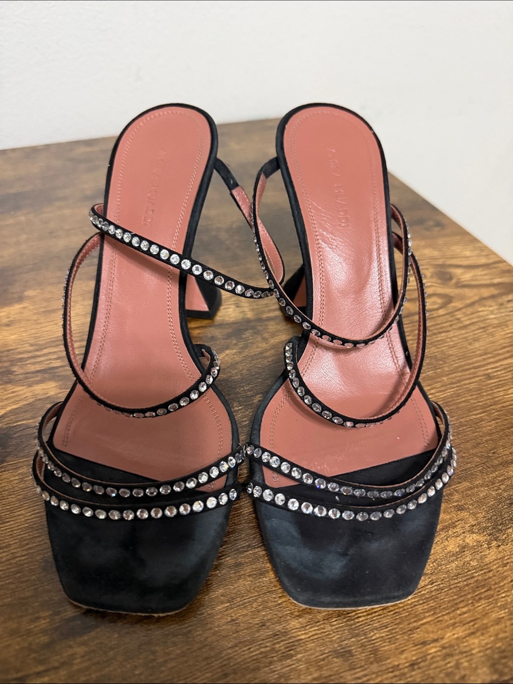 Amina Muaddi Black Rhinestone Strappy Block Heel Sandals